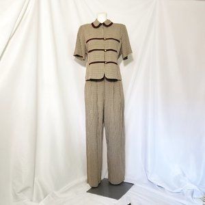 Vintage 80s 60s-Revival Mid Century Mod Academia Checkered Blouse & Slacks Set